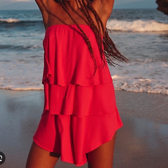 Free people red orange strapless layered + relaxed boho short sunsational set - Picture 2 of 10